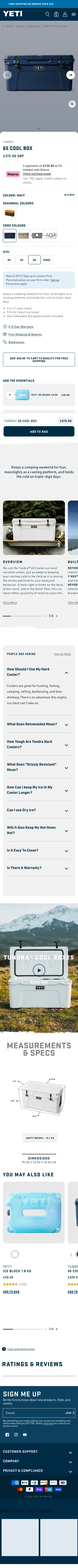 uk.yeti.com/products/tundra-65-cool-box-navy on mobile, full screenshot