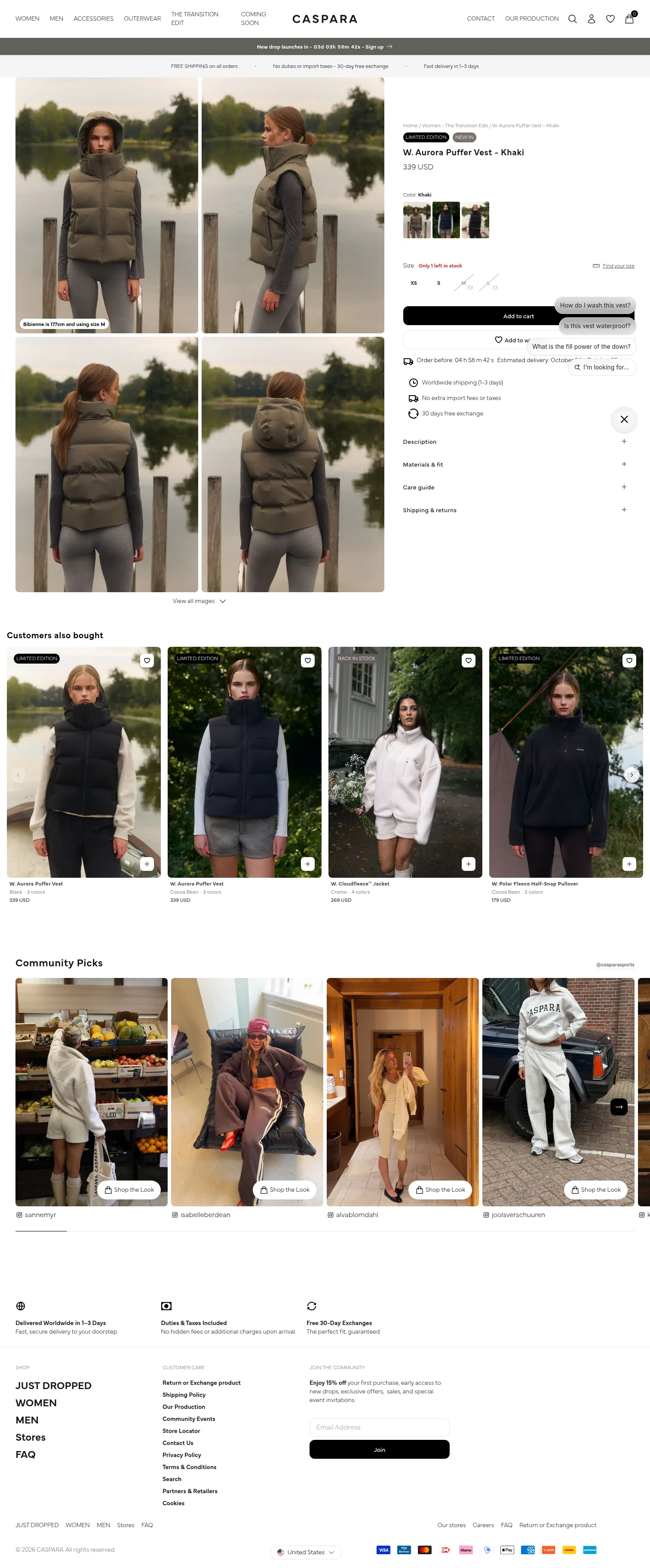 casparasports.com/collections/women-the-transition-edit/products/w-aurora-puffer-vest-khaki on desktop, full screenshot