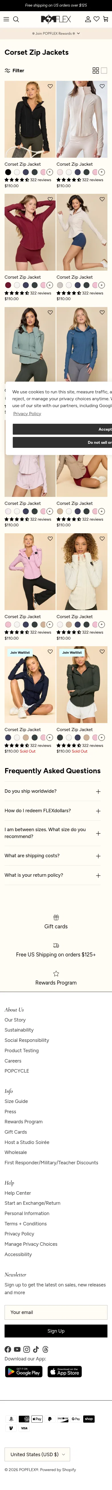 popflexactive.com/collections/corset-zip-jackets on mobile, full screenshot