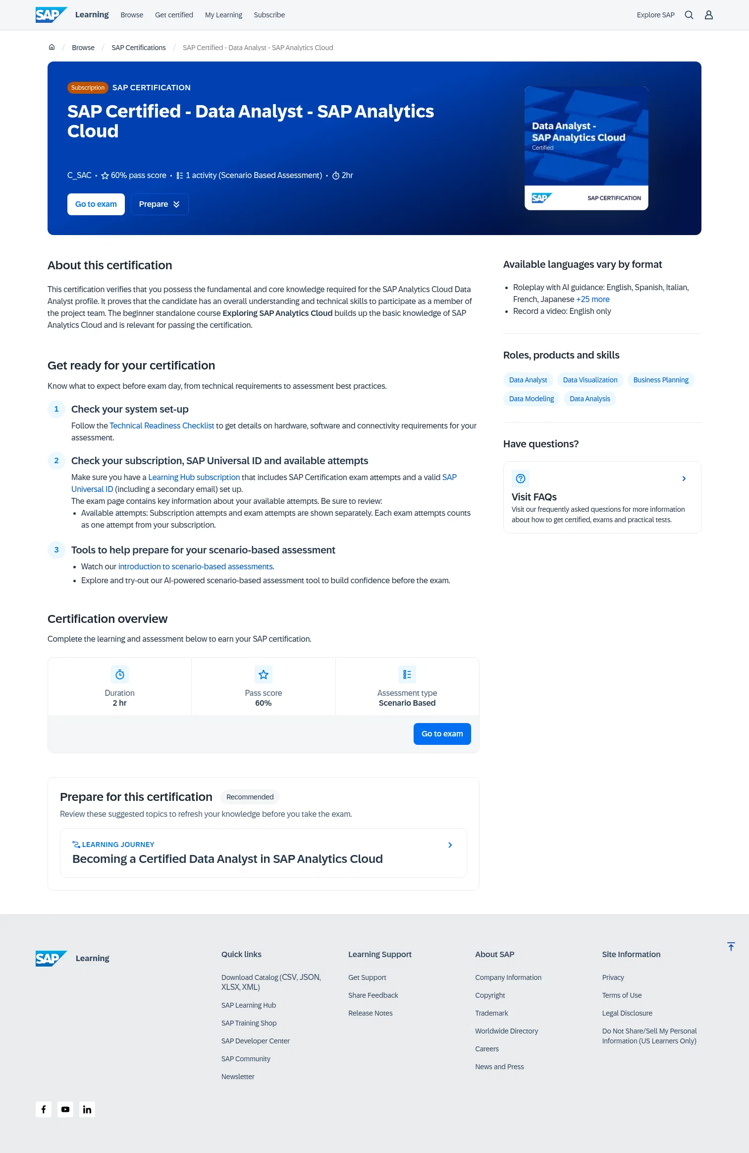 learning.sap.com/certifications/sap-certified-associate-data-analyst-sap-analytics-cloud-1 on desktop, full screenshot