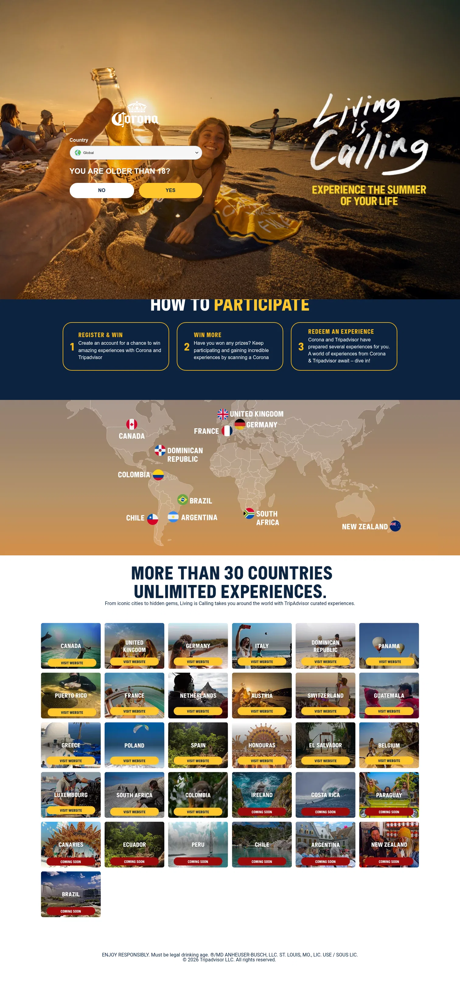 corona.com/en/livingiscalling/global on desktop, full screenshot