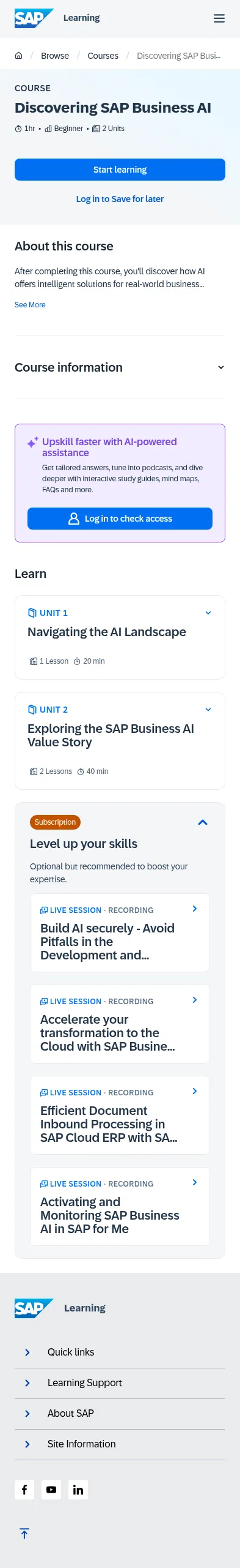 learning.sap.com/courses/discovering-sap-business-ai-1 on mobile, full screenshot