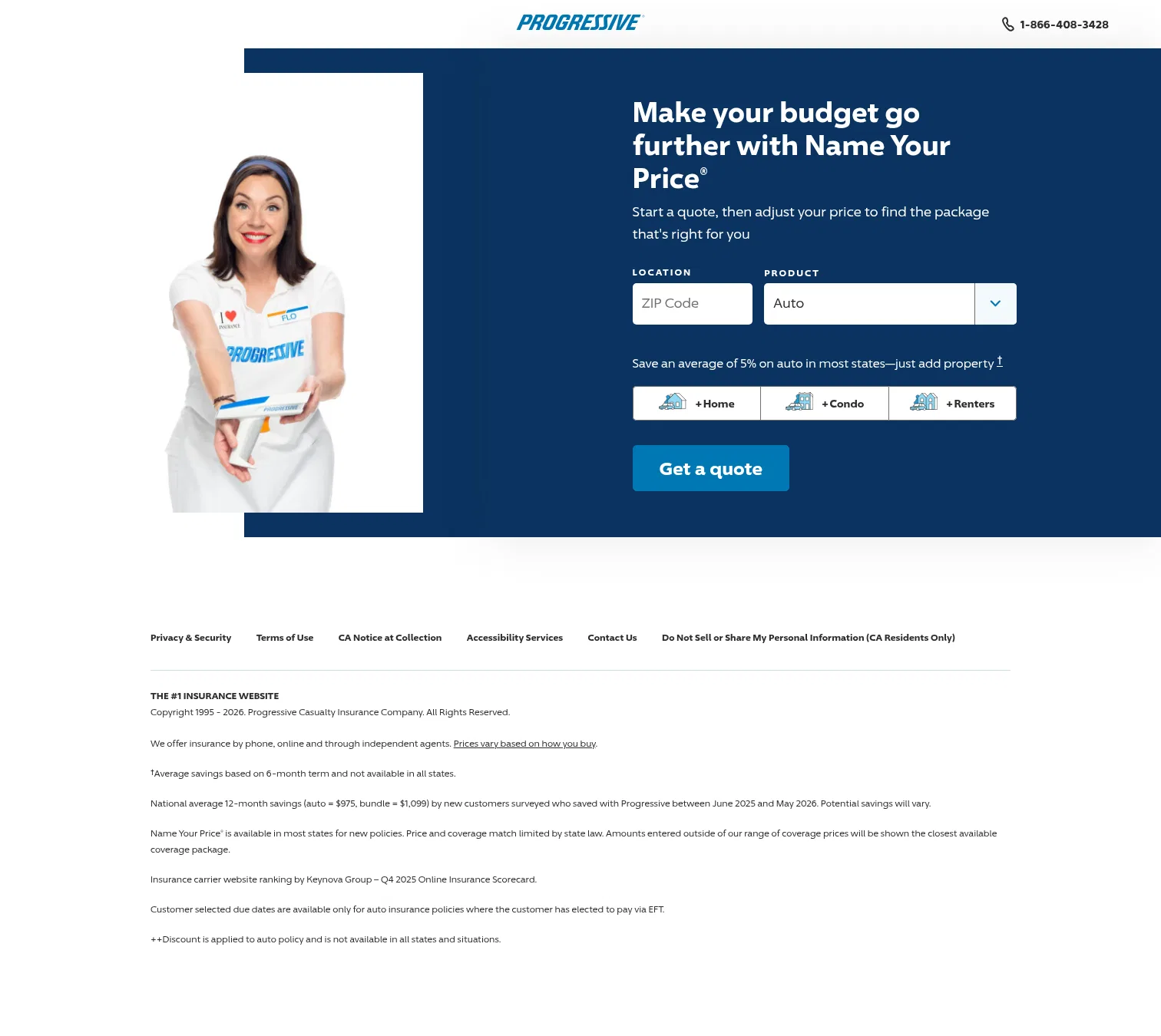 progressive.com/lp/auto-name-your-price on desktop, full screenshot
