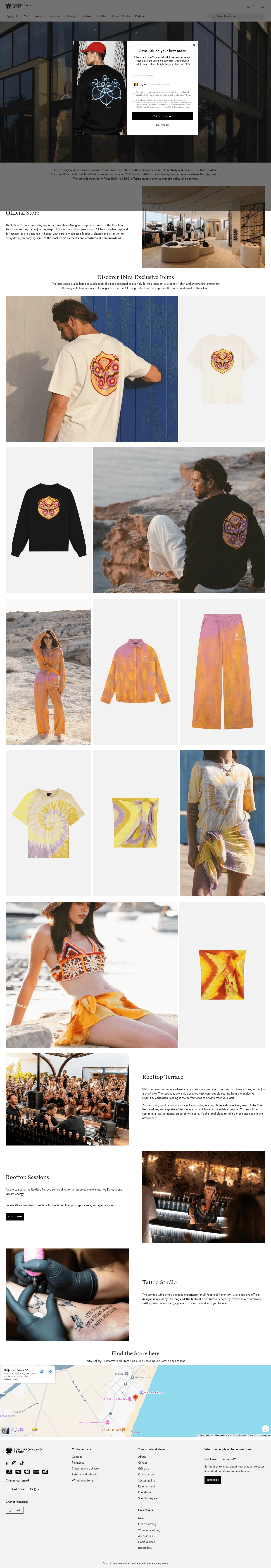 store.tomorrowland.com/pages/ibiza-store on desktop, full screenshot