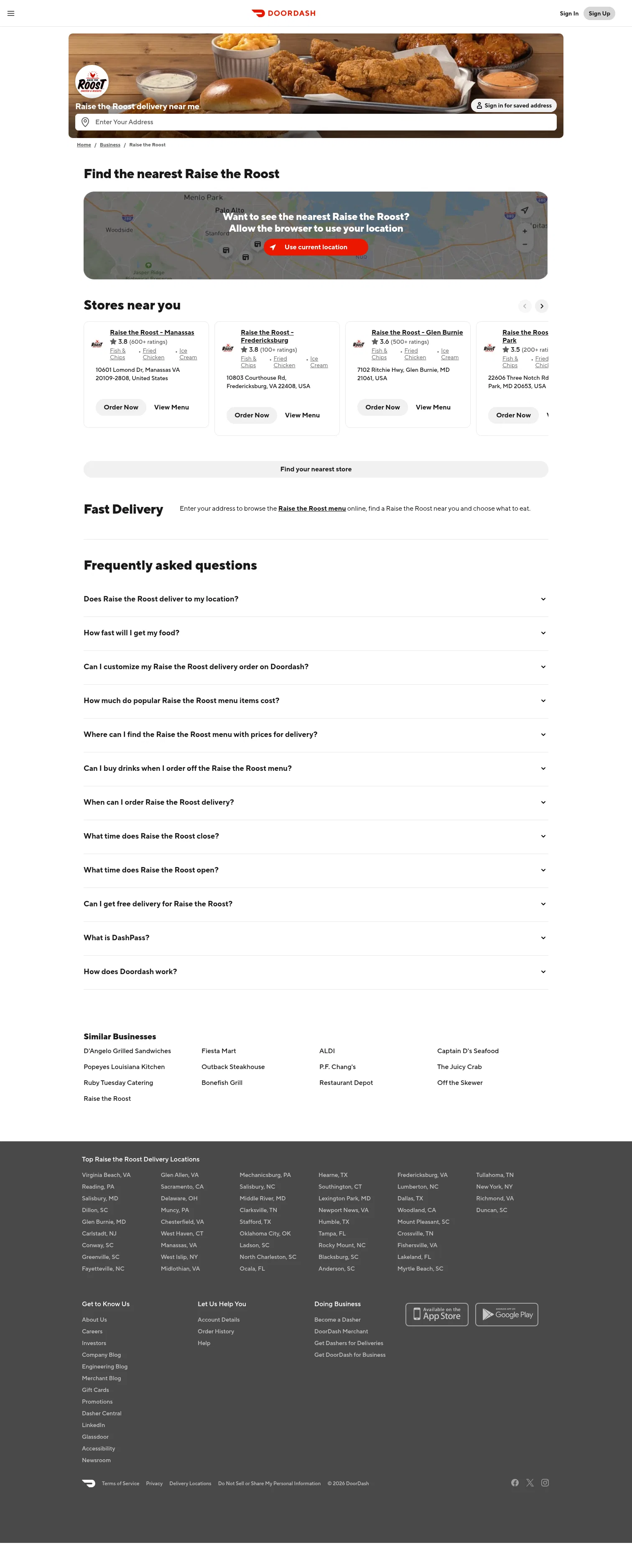 doordash.com/business/Raise-the-Roost-724685 on desktop, full screenshot