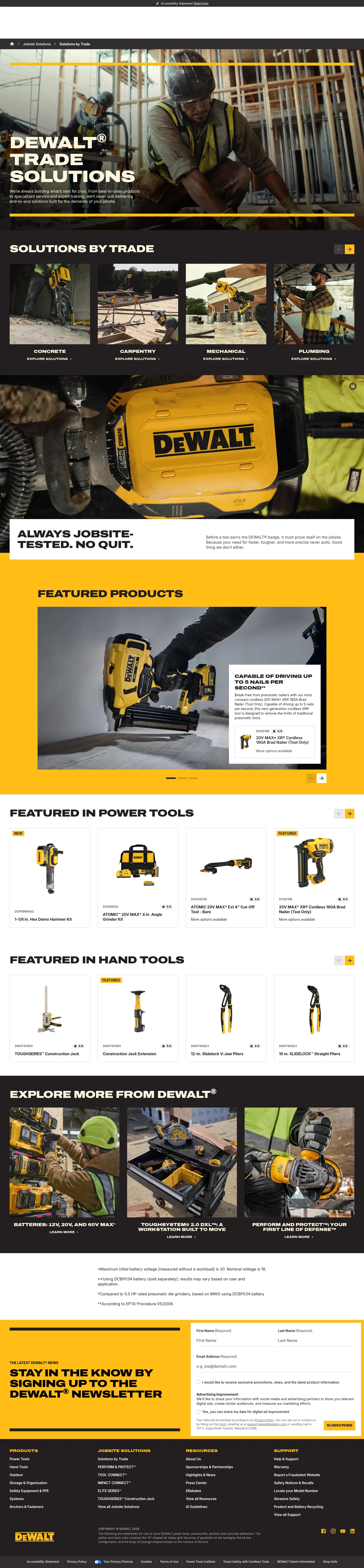 dewalt.com/en-us/jobsite-solutions/solutions-trade on desktop, full screenshot