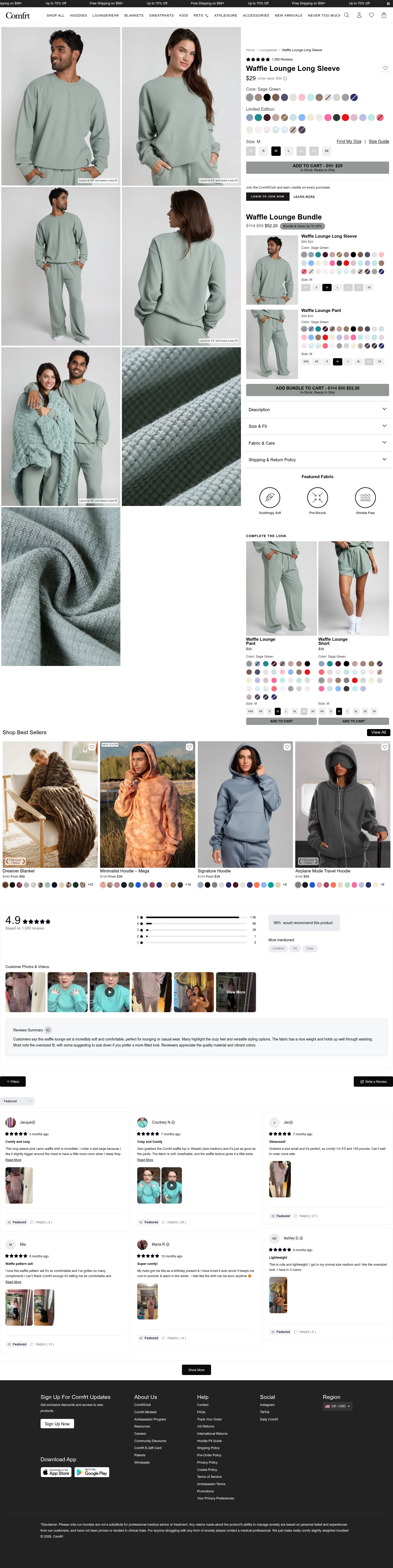 comfrt.com/products/waffle-lounge-long-sleeve on desktop, full screenshot