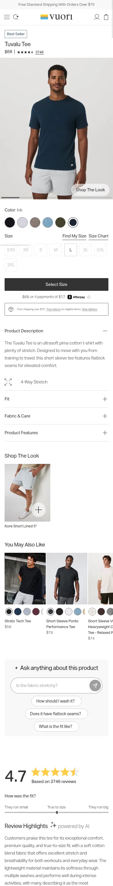 vuoriclothing.com/products/tuvalu-tee-ink on mobile, full screenshot