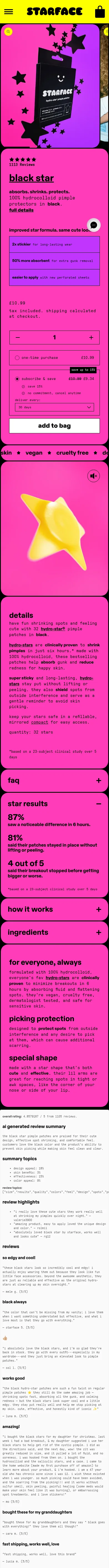 starfaceworld.co.uk/products/black-star on mobile, full screenshot