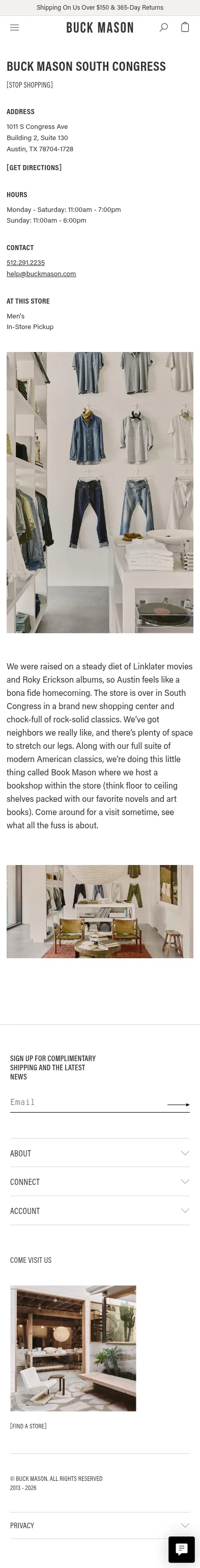 buckmason.com/pages/buck-mason-south-congress on mobile, full screenshot