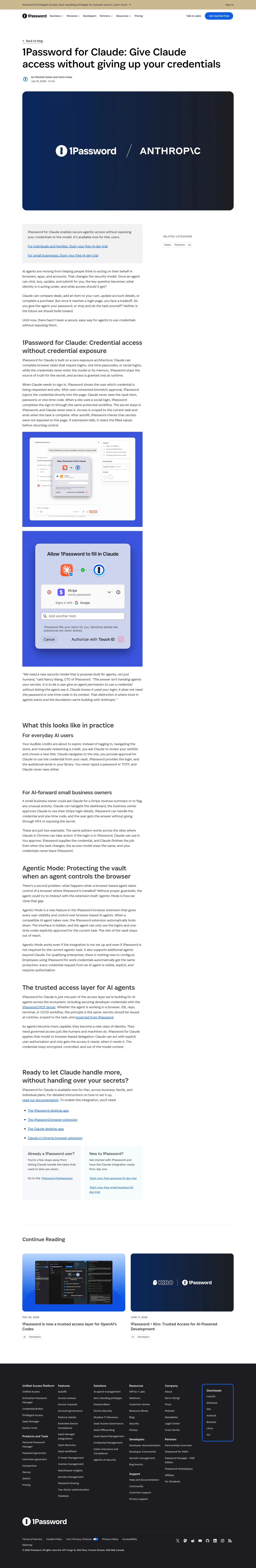 1password.com/blog/1password-for-claude on desktop, full screenshot