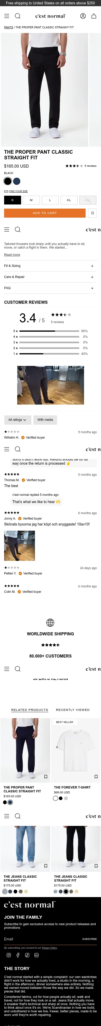cestnormal.com/products/the-proper-pant-classic-straight-fit-black on mobile, full screenshot