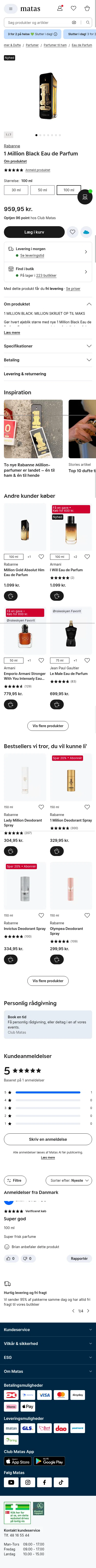 matas.dk/rabanne-1-million-black-eau-de-parfum-100-ml on mobile, full screenshot