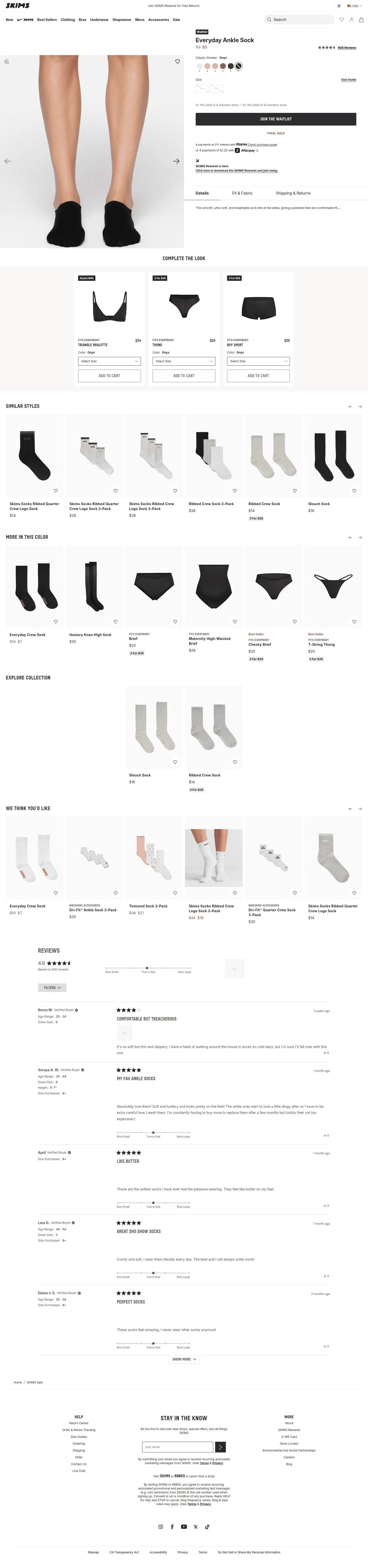 skims.com/products/everyday-ankle-sock-onyx on desktop, full screenshot