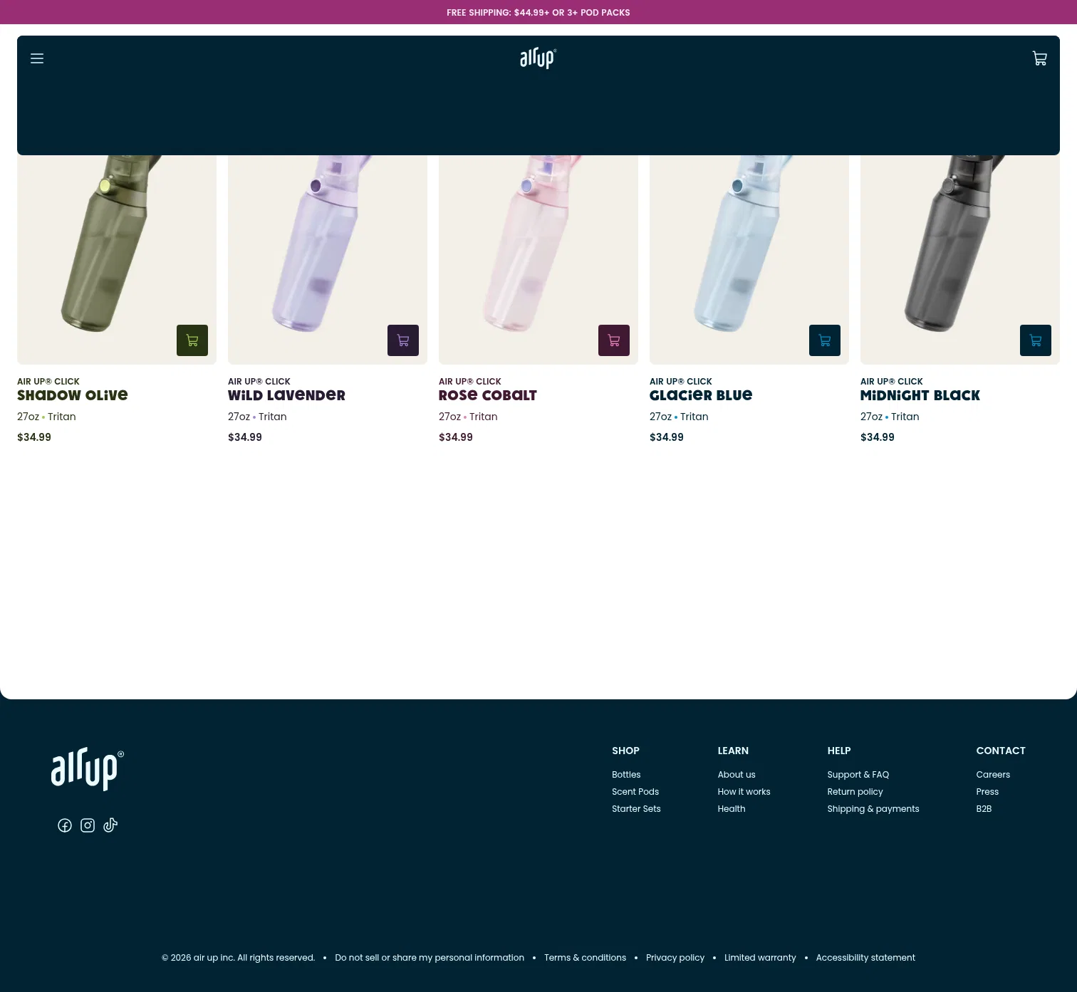 shop.air-up.com/us/en/bottles on desktop, full screenshot