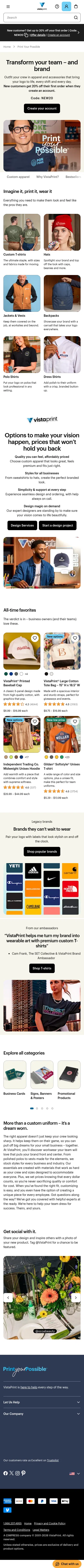 vistaprint.com/print-your-possibilities/apparel on mobile, full screenshot