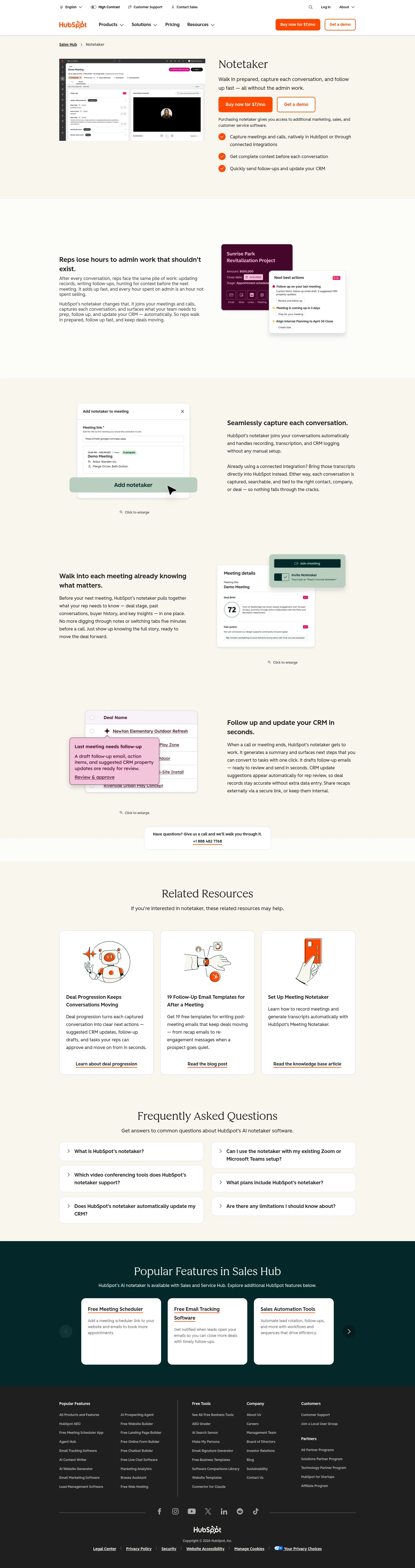 hubspot.com/products/sales/ai-notetaker on desktop, full screenshot