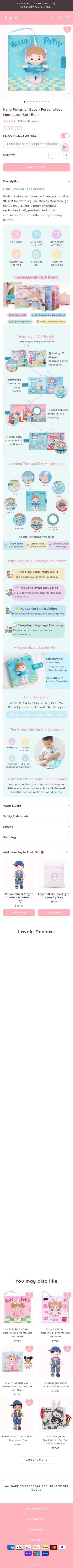 leyadoll.com/collections/my-first-book/products/hello-potty-boy-personalized-montessori-soft-book-light on mobile, full screenshot