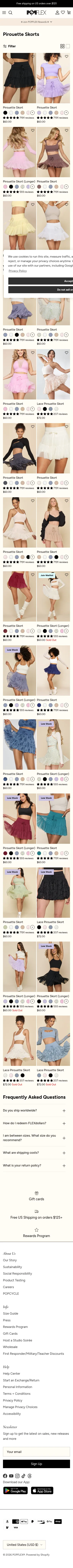 popflexactive.com/collections/pirouette-skorts on mobile, full screenshot
