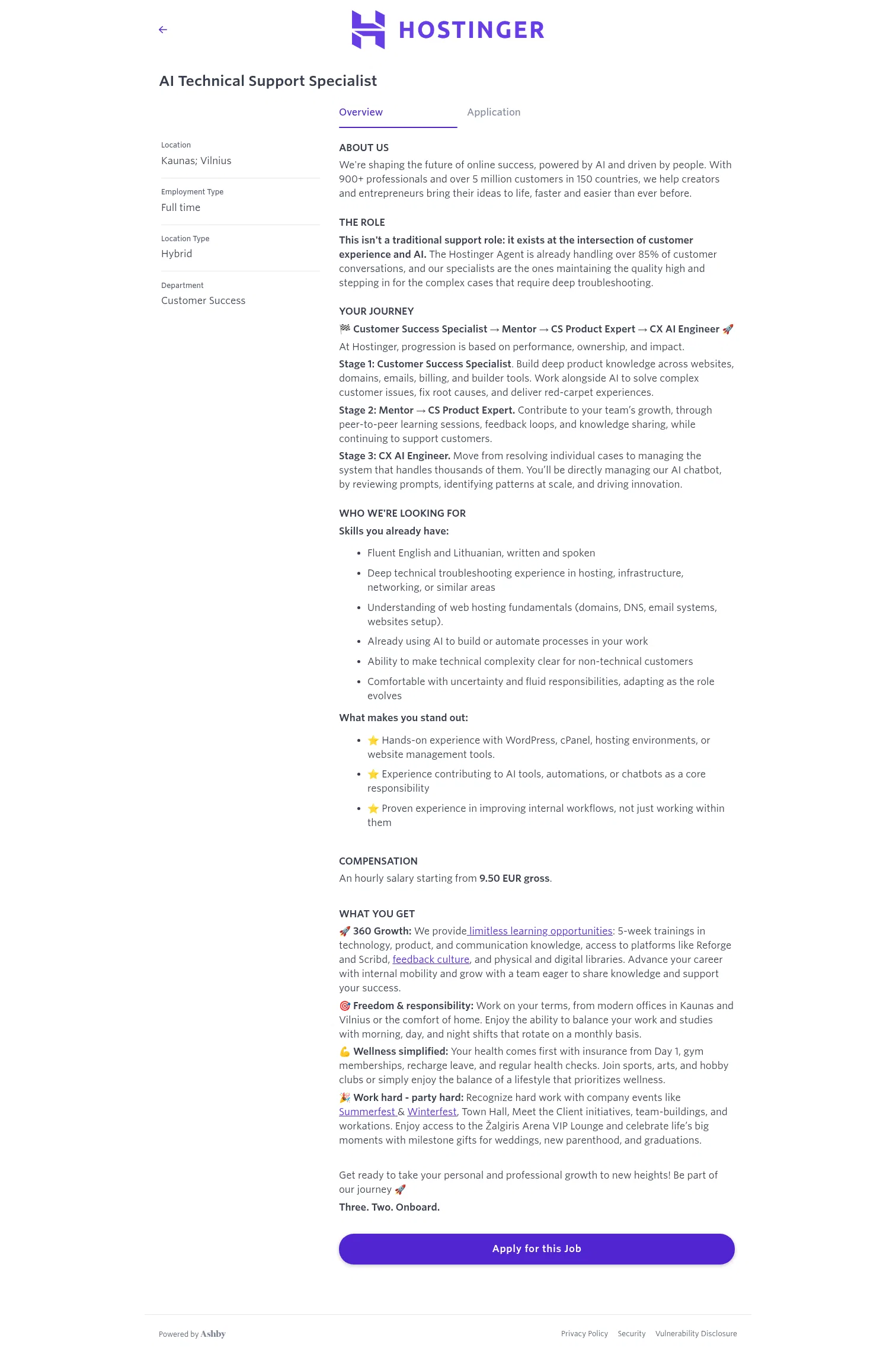 jobs.ashbyhq.com/hostinger/1baac52e-69ba-4e62-96b7-aa08d39442ce on desktop, full screenshot