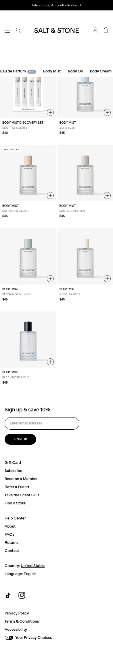 saltandstone.com/collections/body-mist on mobile, full screenshot