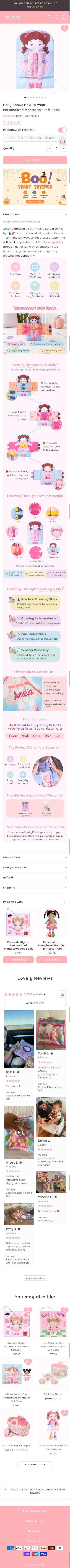 leyadoll.com/collections/my-first-book/products/molly-knows-how-to-wear-personalized-montessori-soft-book on mobile, full screenshot