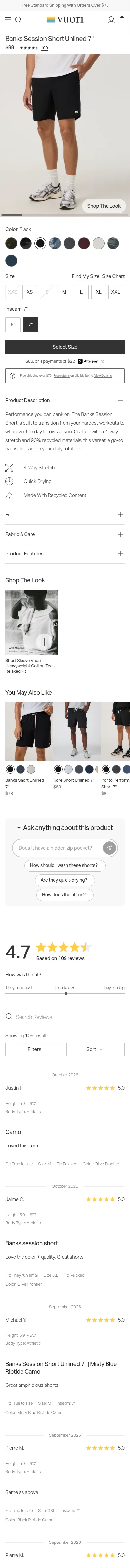 vuoriclothing.com/products/banks-session-short-7-black on mobile, full screenshot
