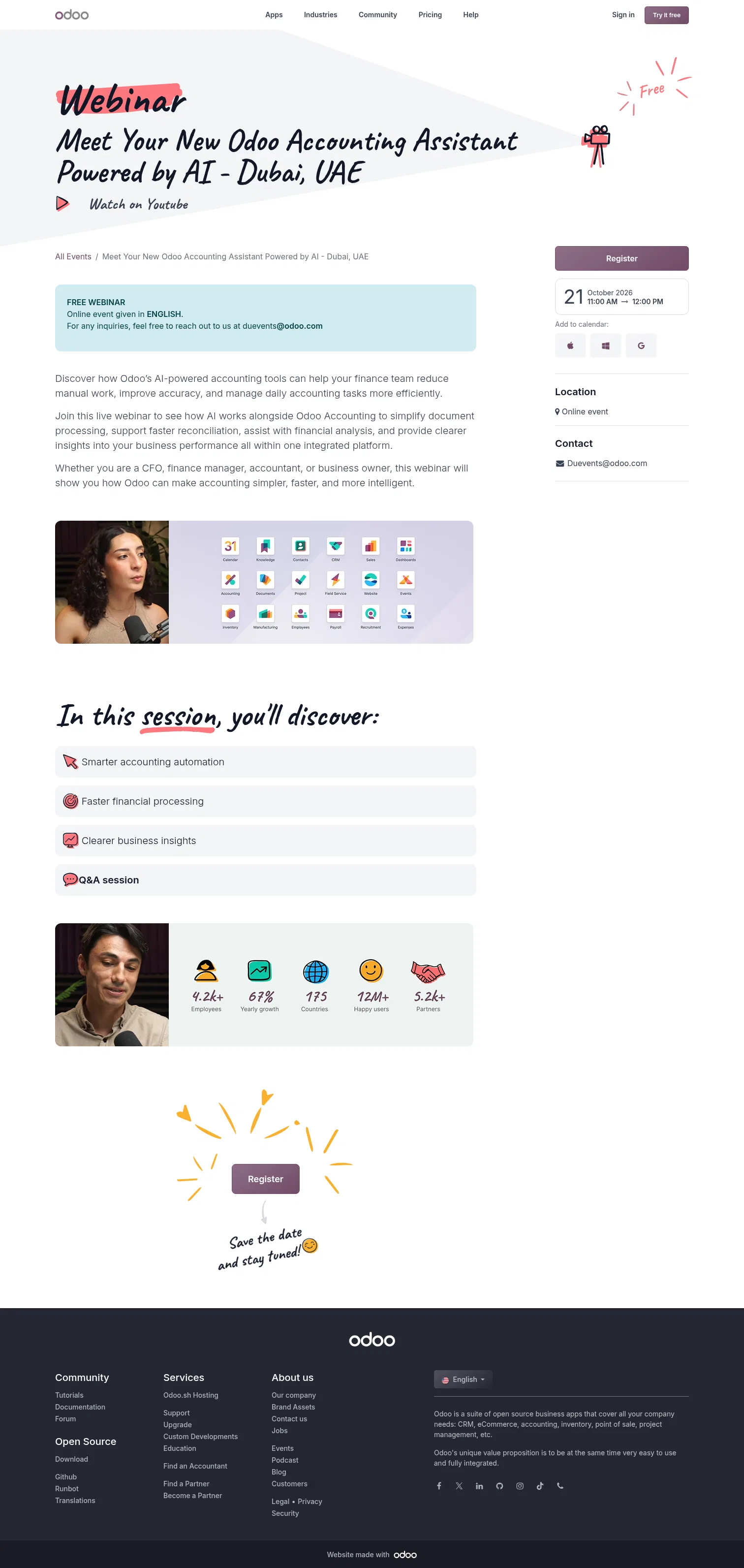 odoo.com/event/meet-your-new-odoo-accounting-assistant-powered-by-ai-dubai-uae-12525/register on desktop, full screenshot