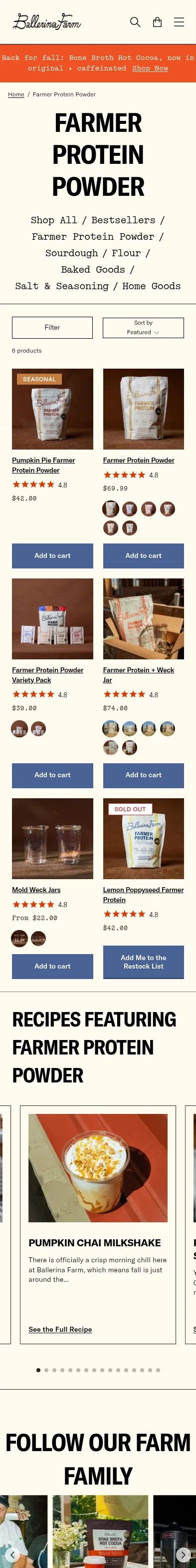 ballerinafarm.com/collections/farmer-protein-powder on mobile, full screenshot