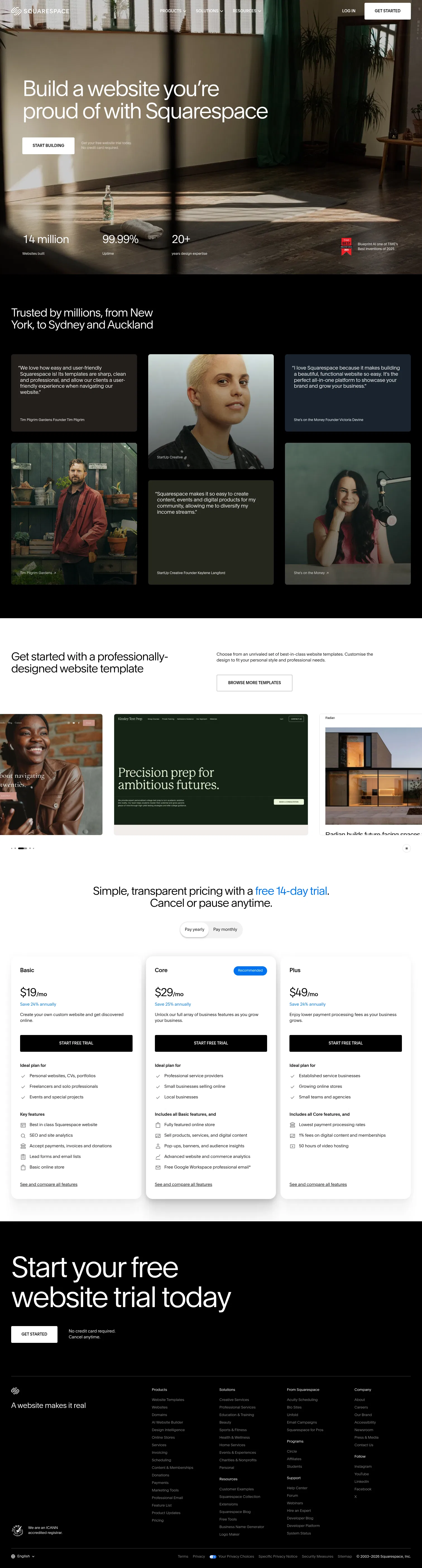 squarespace.com/go/build-a-website/au on desktop, full screenshot