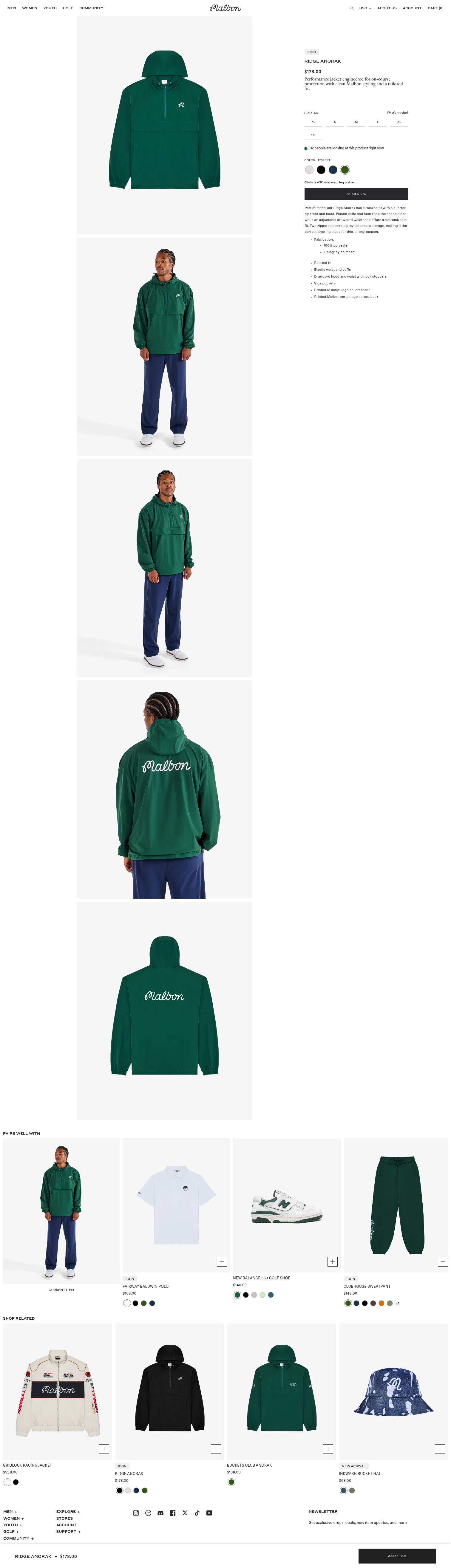 malbon.com/products/ridge-anorak-forest on desktop, full screenshot