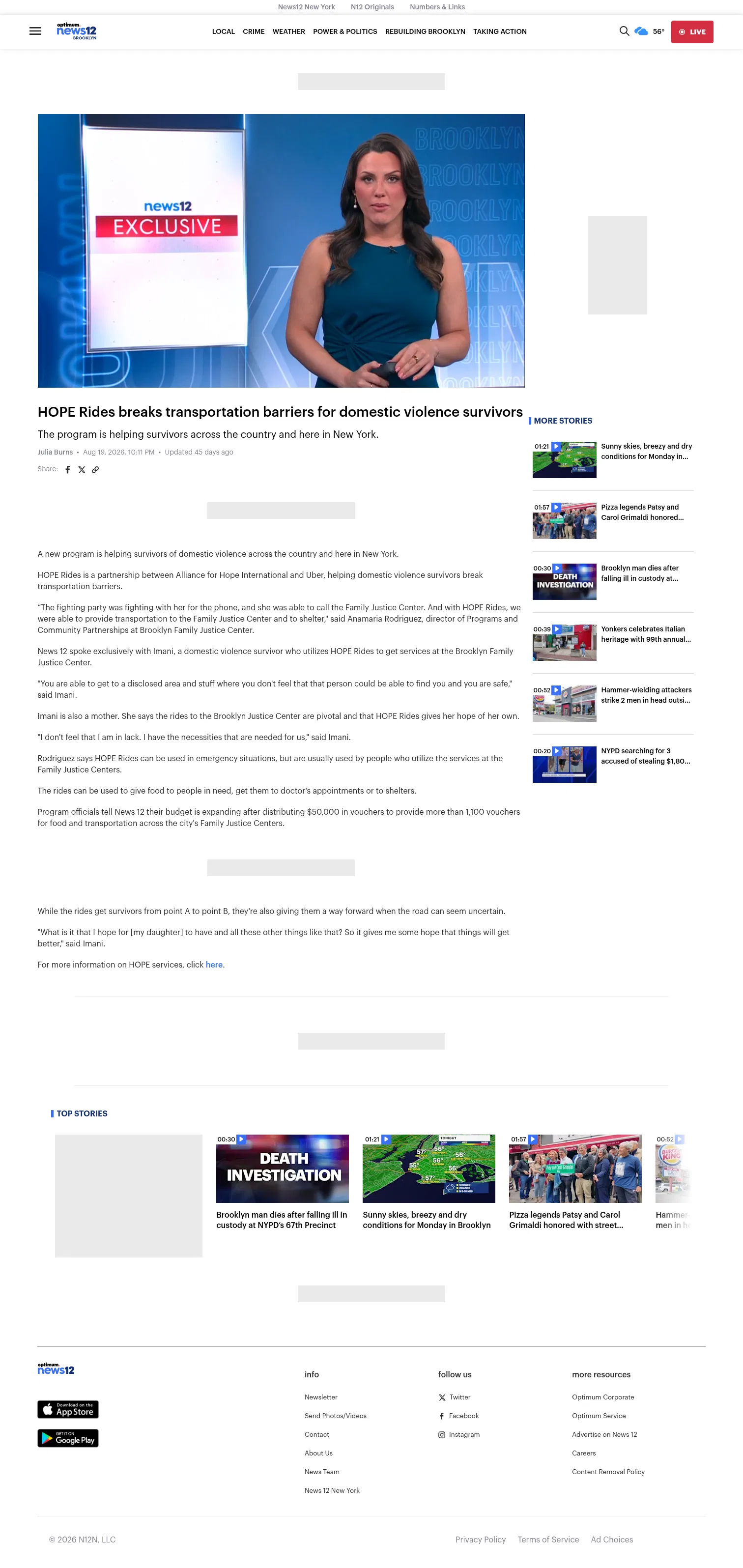 brooklyn.news12.com/2026/08/20/hope-rides-breaks-transportation-barriers-for-domestic-violence-survivors/2VugfI9z7s8y7zdC47hZq5 on desktop, full screenshot