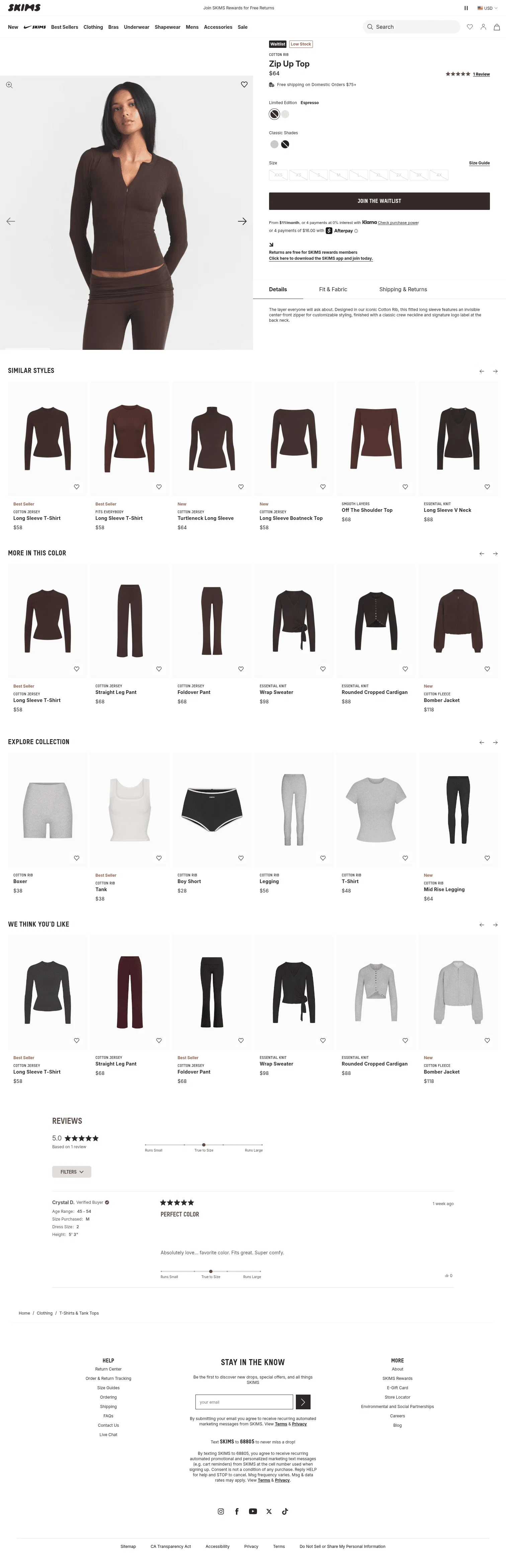 skims.com/products/cotton-rib-zip-up-top-espresso on desktop