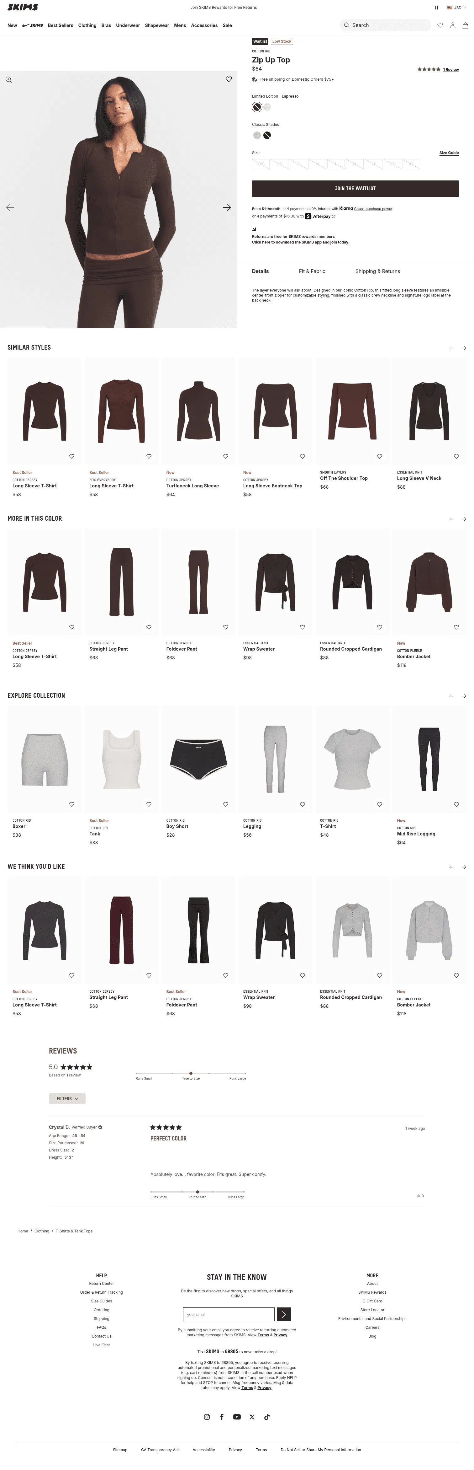 skims.com/products/cotton-rib-zip-up-top-espresso on desktop, full screenshot