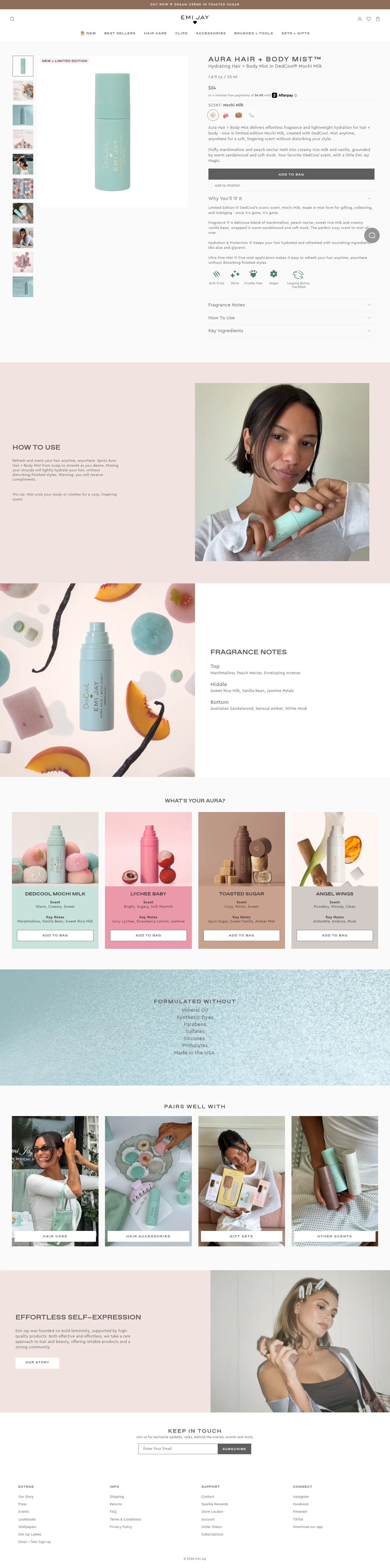 emijay.com/products/aura-scented-hair-body-mist-in-mochi-milk on desktop, full screenshot