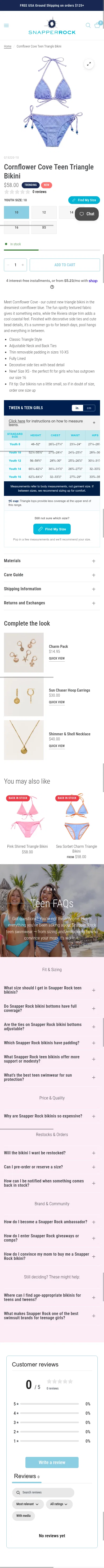 snapperrock.com/products/cornflower-cove-teen-triangle-bikini on mobile, full screenshot