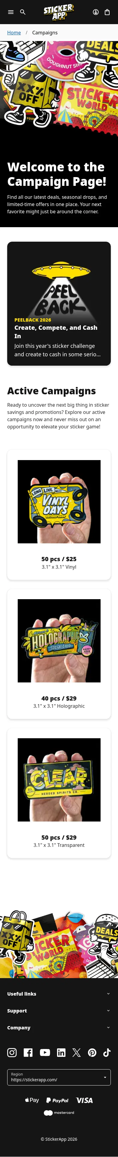 stickerapp.com/campaigns on mobile, full screenshot