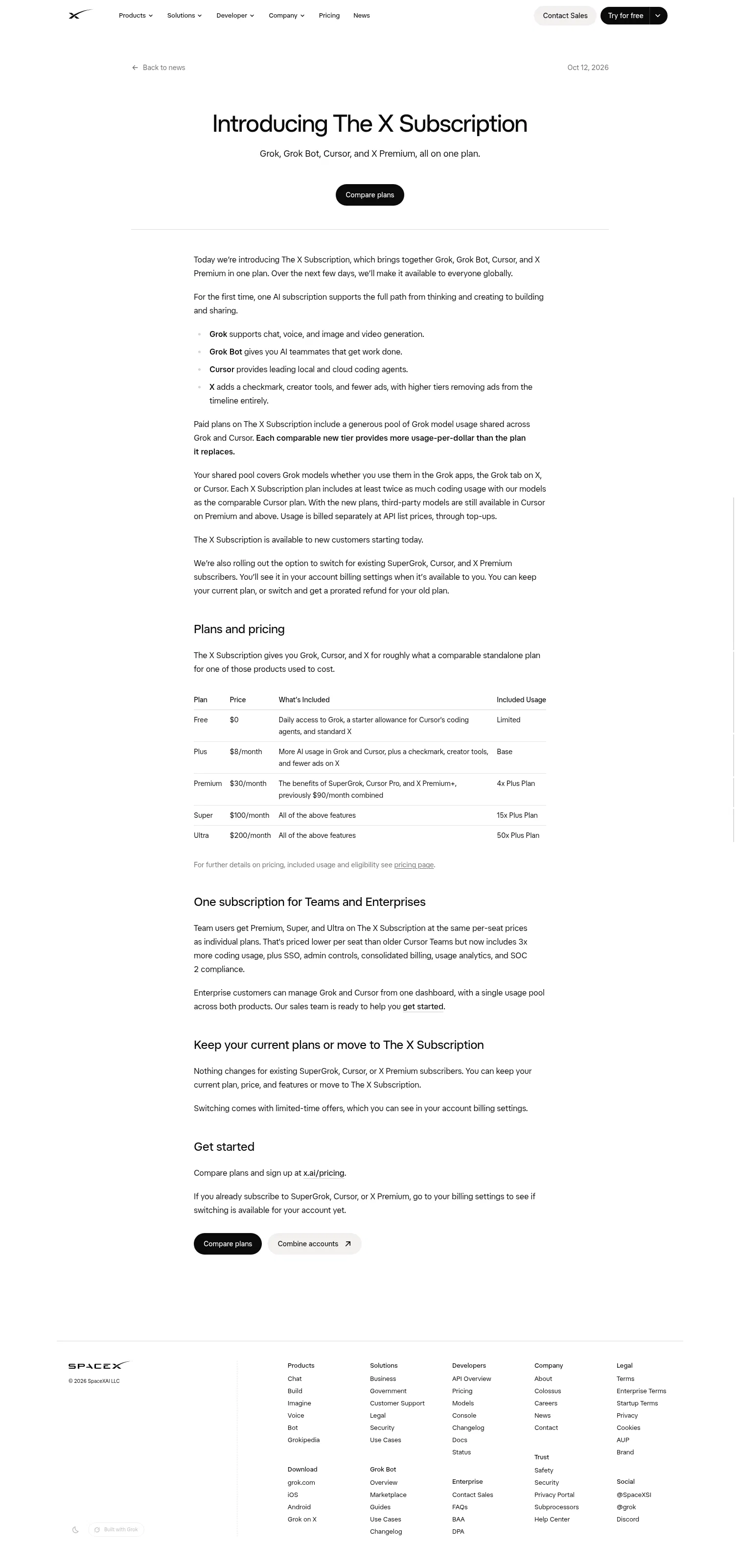 x.ai/news/x-subscription on desktop, full screenshot