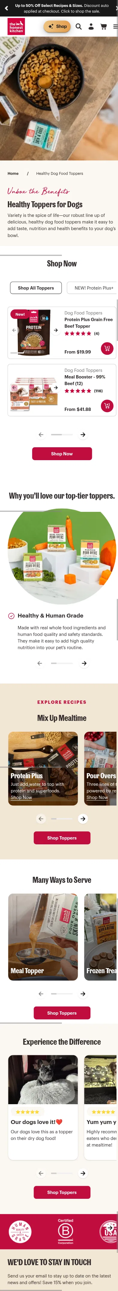 thehonestkitchen.com/pages/healthy-dog-food-toppers on mobile, full screenshot