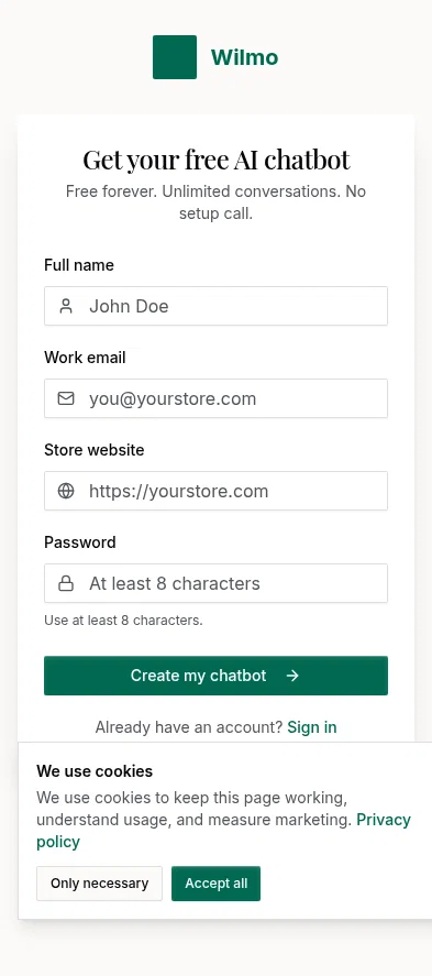 app.wilmo.ai/signup/chatbot on mobile