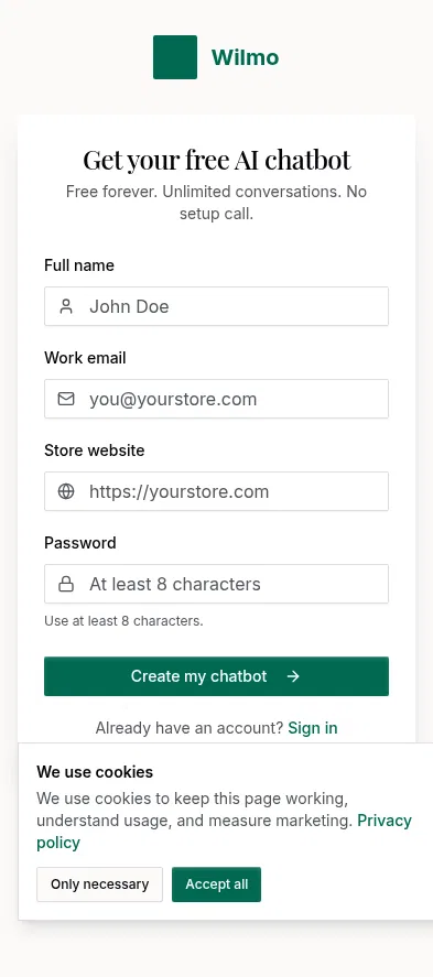 app.wilmo.ai/signup/chatbot on mobile, full screenshot