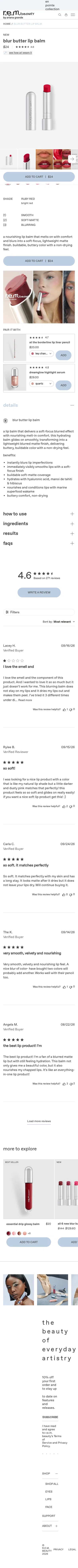 rembeauty.com/products/blur-butter-lip-balm on mobile, full screenshot