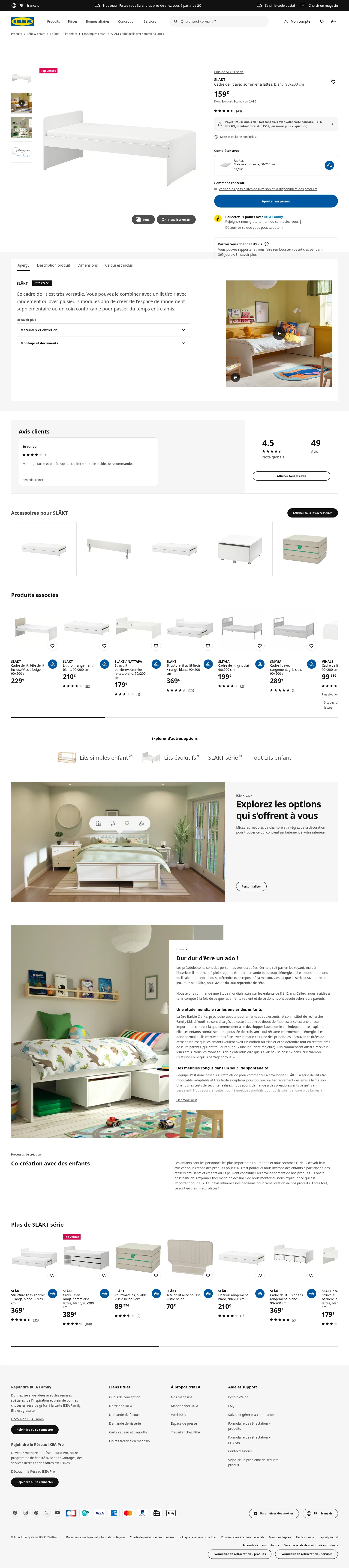 ikea.com/fr/fr/p/slaekt-cadre-de-lit-avec-sommier-a-lattes-blanc-s79227755 on desktop, full screenshot