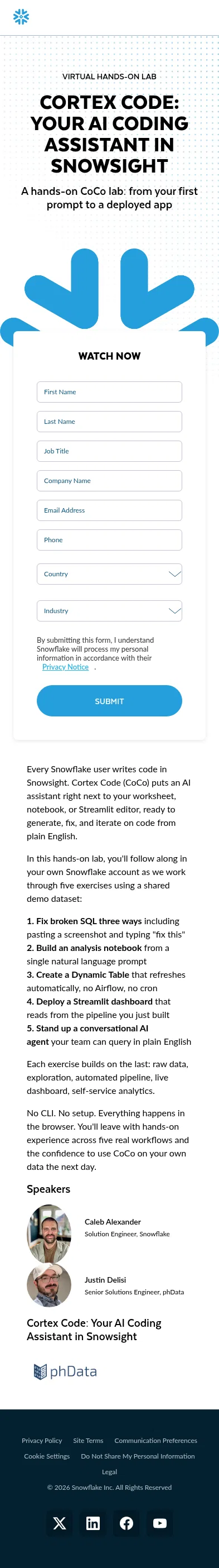 snowflake.com/en/webinars/virtual-hands-on-lab/cortex-code-your-ai-coding-assistant-in-snowsight-2026-04-01 on mobile, full screenshot