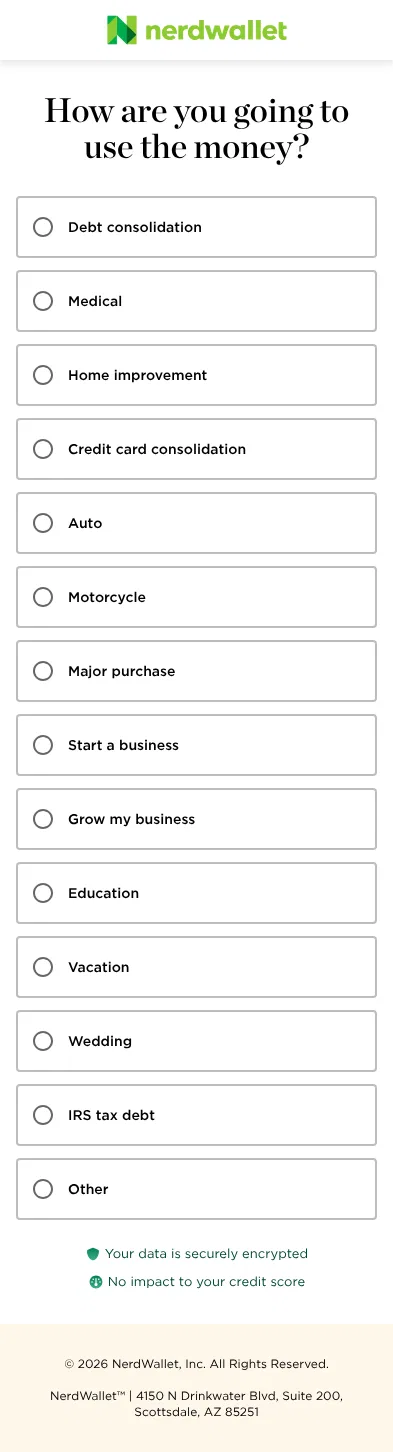 nerdwallet.com/prequalify/personal-loan/start on mobile, full screenshot