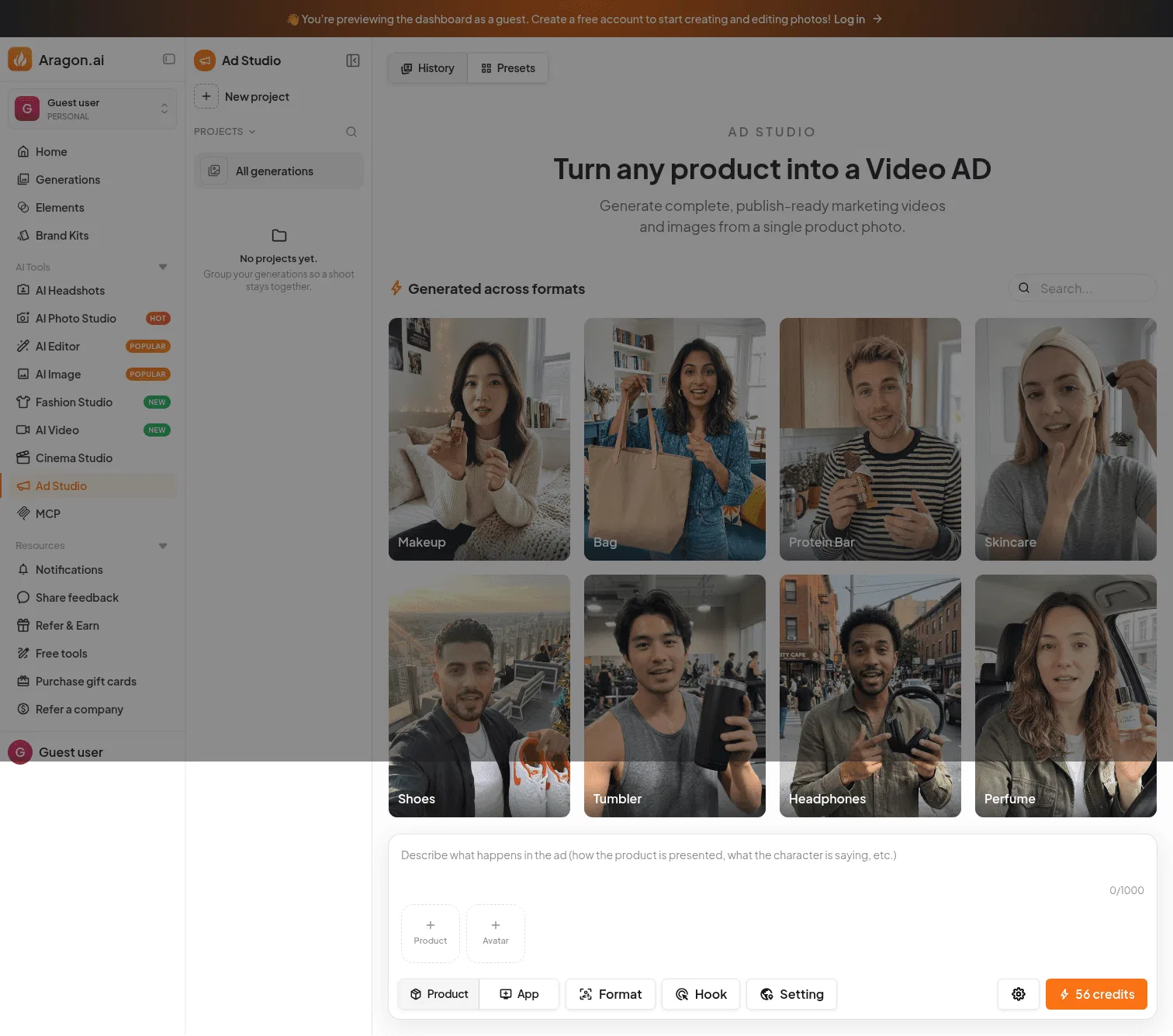 dashboard.aragon.ai/video/marketing on desktop, full screenshot