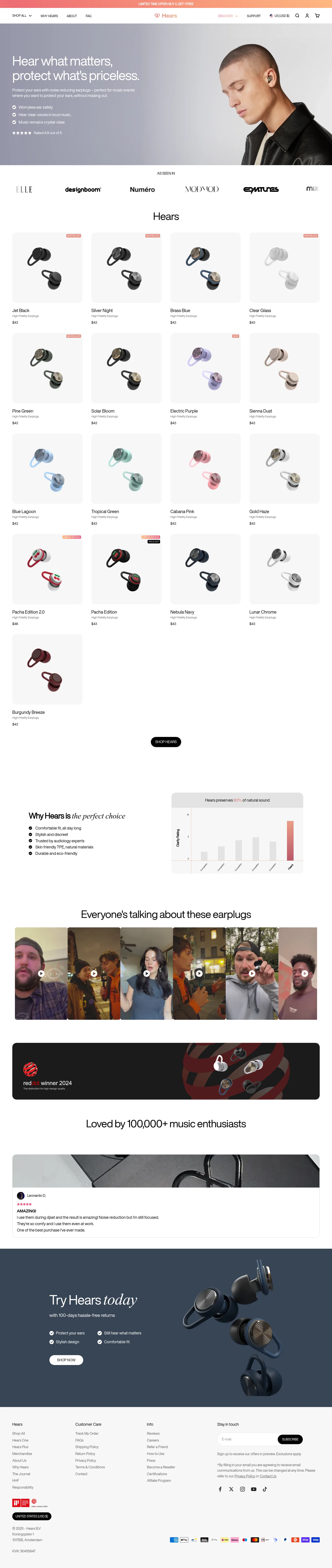 hears.com/collections/earplugs-for-music-events on desktop, full screenshot
