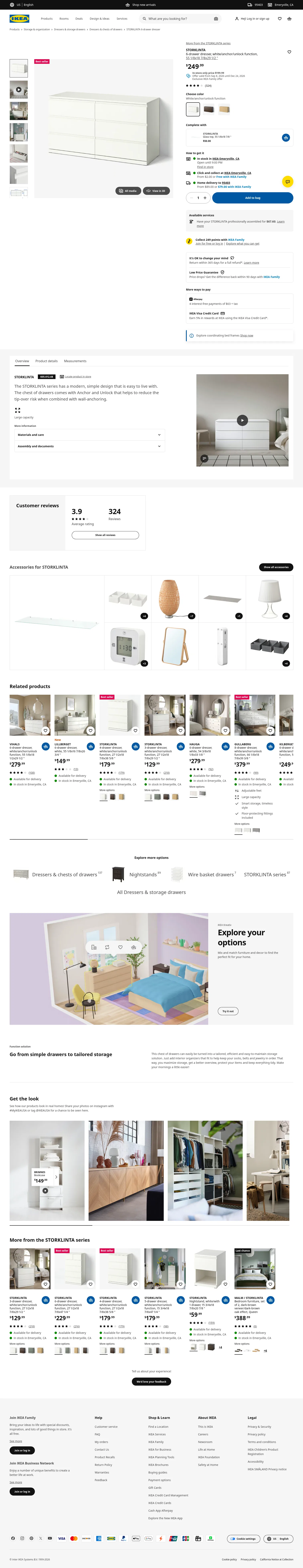 ikea.com/us/en/p/storklinta-6-drawer-dresser-white-anchor-unlock-function-60561248 on desktop, full screenshot