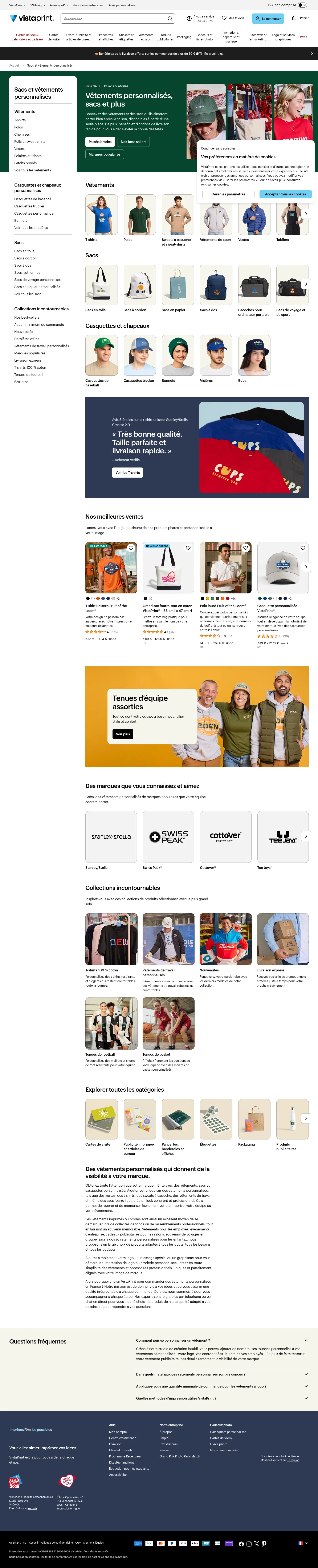 vistaprint.fr/vetements-sacs on desktop, full screenshot