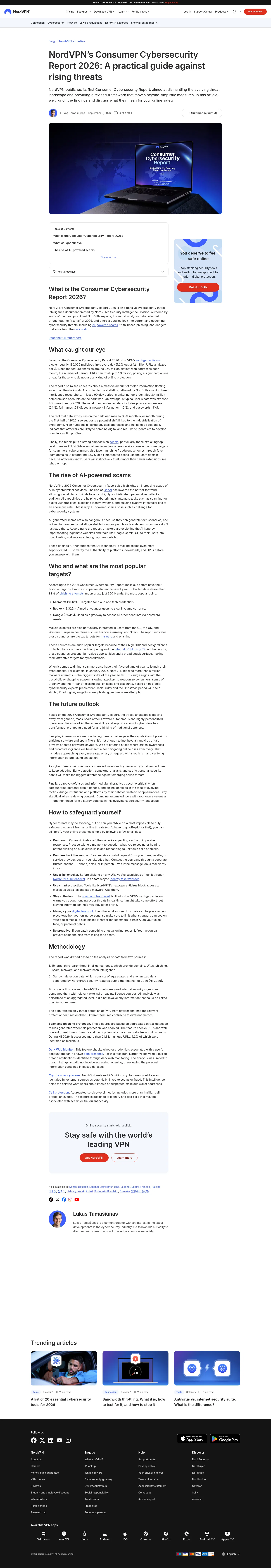 nordvpn.com/blog/nordvpn-consumer-cybersecurity-report-2026 on desktop, full screenshot